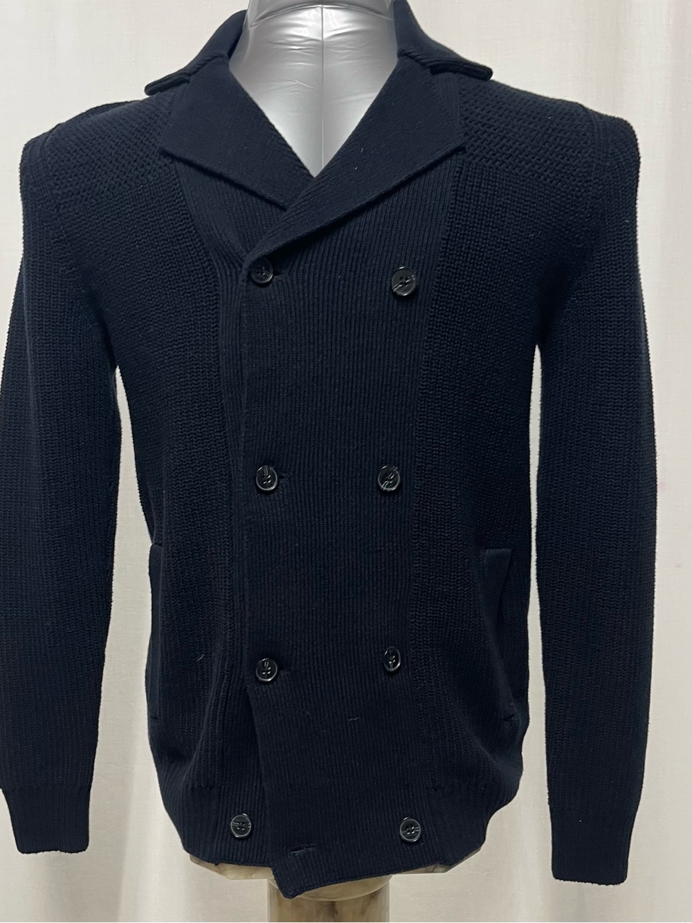 H&M Men navy blue Double Breasted Shawl Collar Knit Cardigan Sweater Jacket 1683